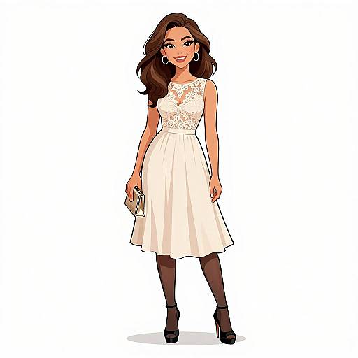 Digital illustration of a smiling woman with long brown hair, wearing a white lace sleeveless dress, black tights, and black heels, holding a small
