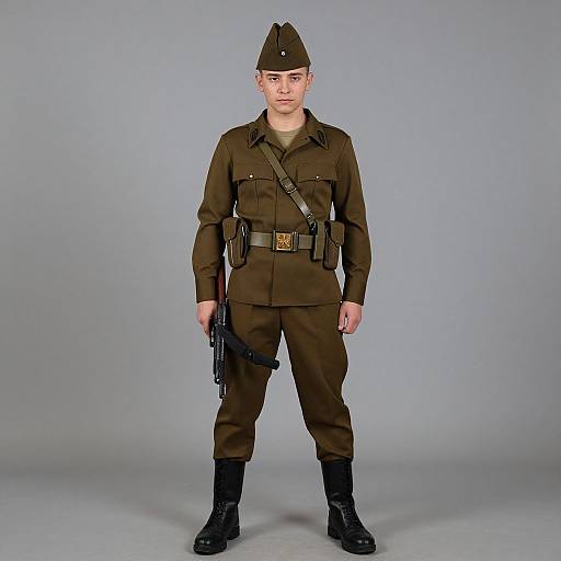 Photograph of a young boy in a brown military-style uniform with a cap, holding a gun, standing against a plain gray background.