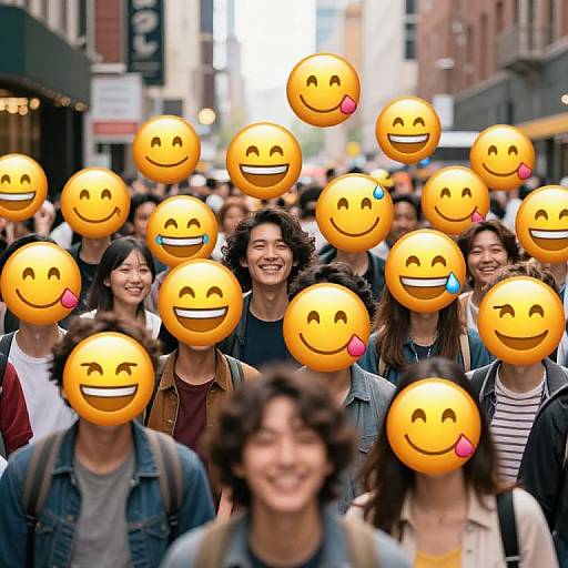 Photograph of a diverse crowd on a city street, faces replaced with yellow smiley emojis in various expressions. Bright, urban background with blurred buildings.