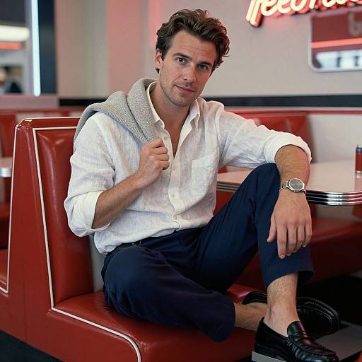 Photograph of a casually dressed man with short brown hair, white shirt, black pants, and black shoes, sitting in a red leather booth in a