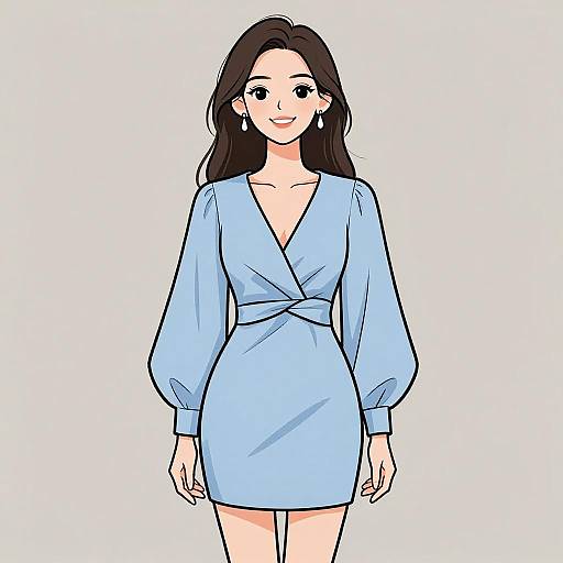 Digital anime-style drawing of a smiling woman with long black hair, wearing a light blue, V-neck dress with puffed sleeves. White background.