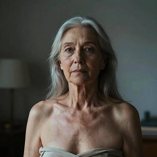 Photograph of an elderly woman with long, silver hair, fair skin, and a solemn expression. She is topless, with a white cloth covering