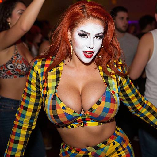 Photograph of a red-haired woman with white face paint, large cleavage in a colorful plaid crop top and skirt, dancing in a dimly