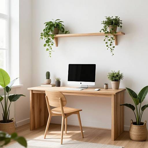 Photograph of a minimalist wooden desk with an Apple computer, wooden chair, two potted plants on shelves, and three potted plants on the floor
