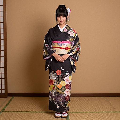 Photograph of a smiling Japanese woman in a black floral kimono with pink obi, white hair updo, standing in a traditional room with beige