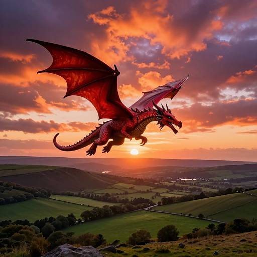 Photograph of a vivid red dragon with outstretched wings soaring above rolling countryside at sunset, with a dramatic orange and purple sky.