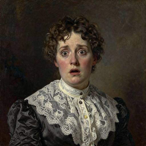 Photorealistic painting of a surprised, curly-haired Victorian man with wide eyes, rosy cheeks, and a black lace-collared dress shirt.
