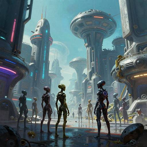 Digital sci-fi artwork of a futuristic city with towering, neon-lit, cylindrical skyscrapers. Silhouetted, armored figures stand in the