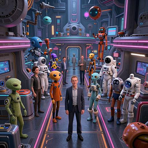 Photograph-style CGI: Man in black suit stands center in neon-lit sci-fi hallway, surrounded by diverse aliens and astronauts in varied outfits.