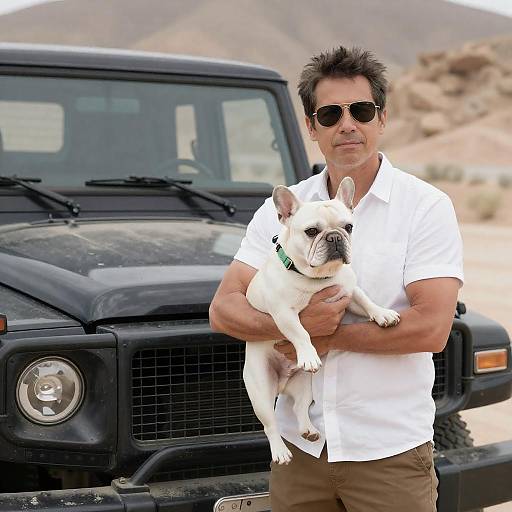 Man Holding French Bulldog by Off-Road Vehicle