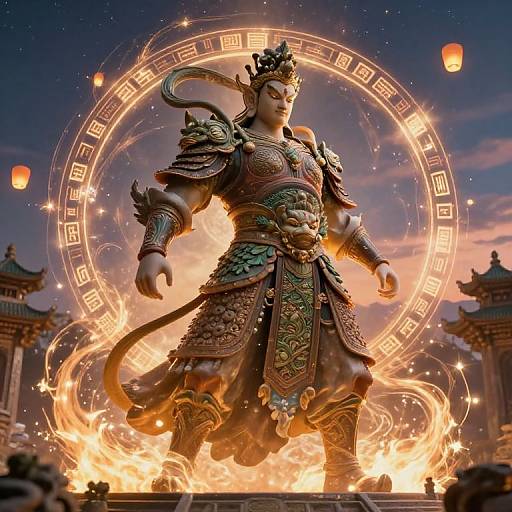 Digital art of a fierce, armored warrior with intricate gold and green armor, standing in fiery flames, surrounded by a glowing circular pattern, with traditional Chinese