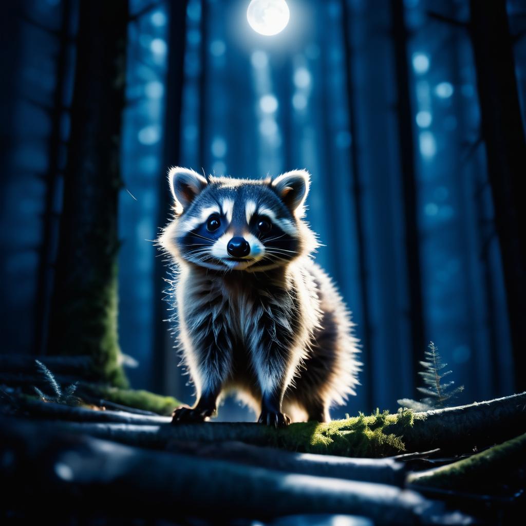 Mischievous Raccoon in Moonlit Forest