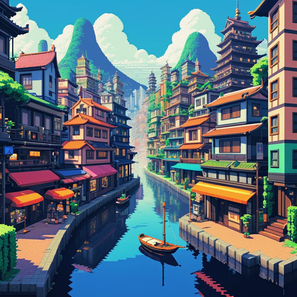 Retro Pixel Art Port Town Scene