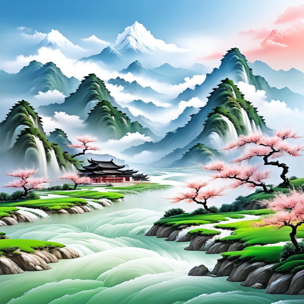 Photorealistic Peach Blossom Mountains Scene