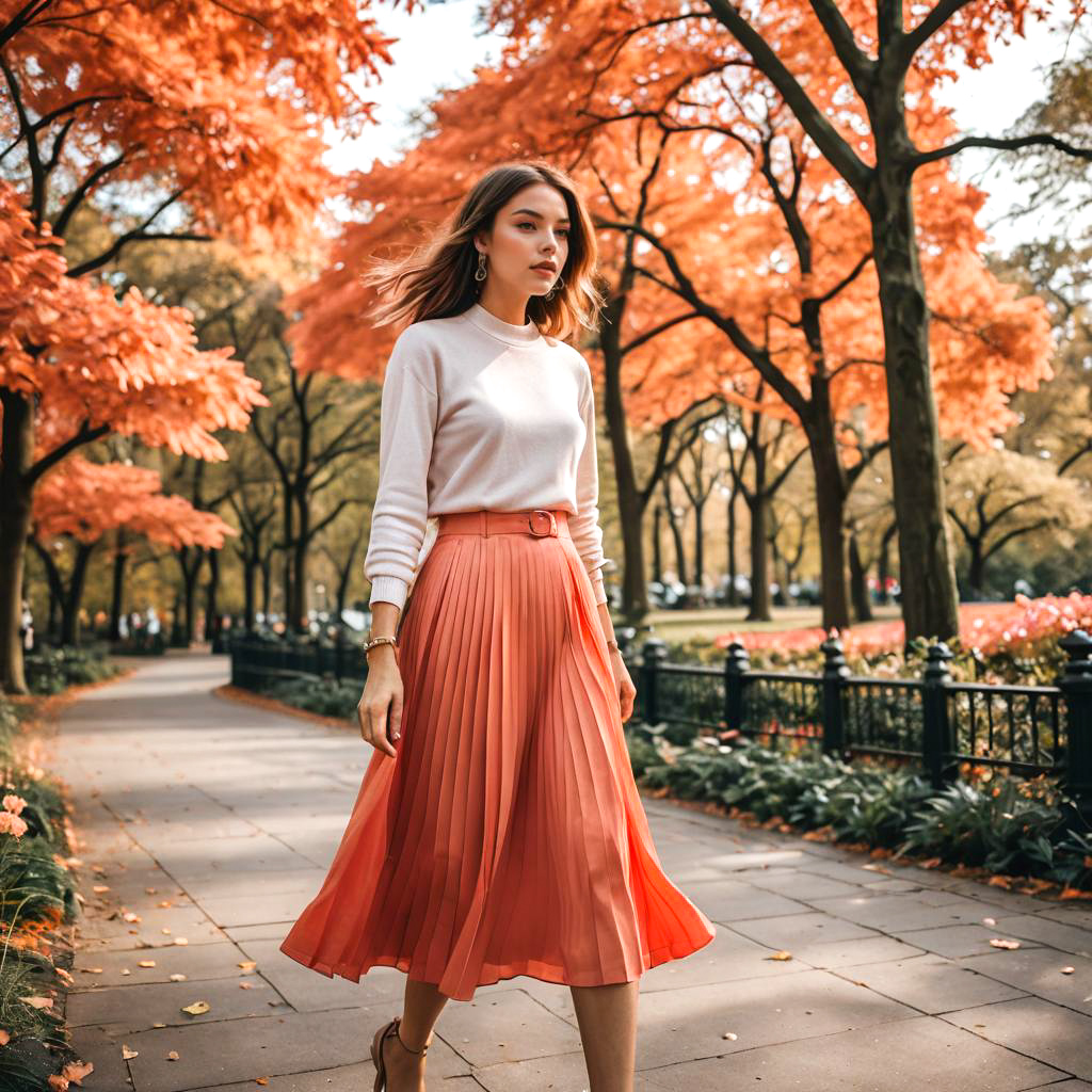 Chic Girl in Coral Skirt at Park