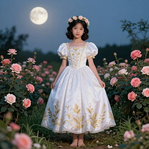 Photograph of an Asian woman with curly black hair, wearing a white floral-embroidered dress, flower crown, standing in a moonlit rose
