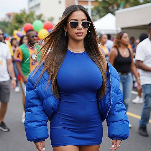 Photograph of a curvy woman with long brown hair, wearing large sunglasses, a blue puffer jacket, and a tight blue dress, standing confidently
