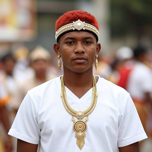 Photograph of a young Black man with red hair, wearing a gold headpiece, earrings, and intricate necklace, in a white shirt, with a