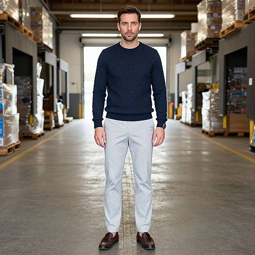 Photograph of a bearded man with short brown hair, wearing a black long-sleeve shirt, white pants, and brown shoes, standing in
