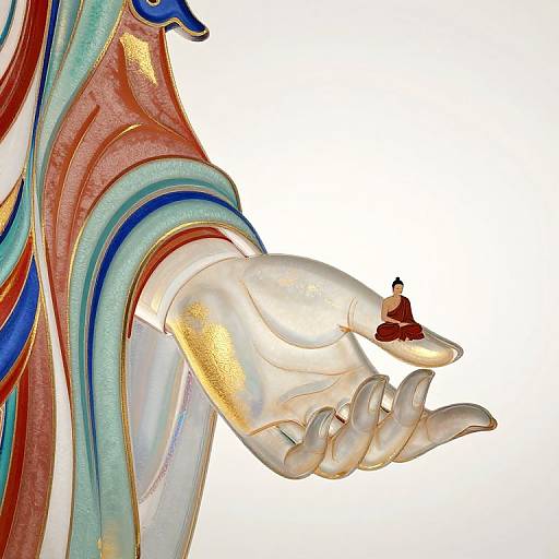 Close-up of a colorful, stylized hand with intricate patterns, extending an open palm holding a small red flower, against a white background. Digital art