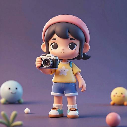 CGI cartoon of a cute young girl with dark hair, pink hat, yellow shirt, and blue shorts, holding a camera, surrounded by cute,