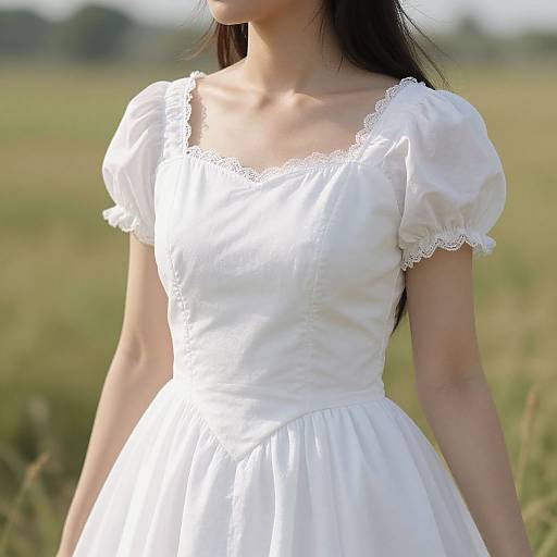 Photograph of an Asian woman with long black hair, wearing a white, lace-trimmed, short-sleeved, vintage-style dress, standing