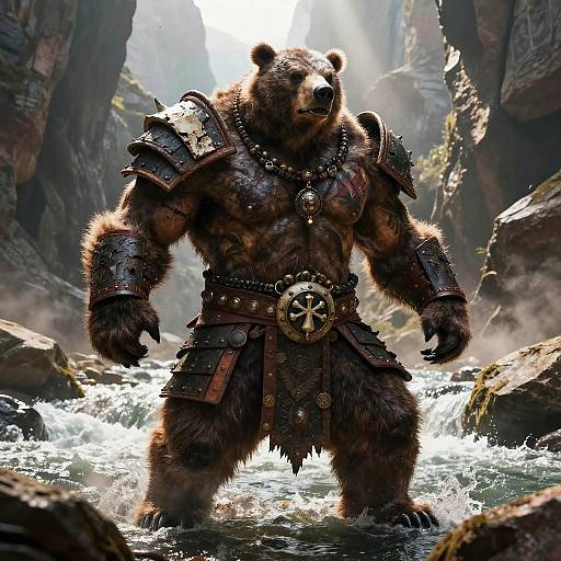 Digital art of a muscular, armored bear standing in a rocky, sunlit river, wearing dark metal armor with a gear belt.
