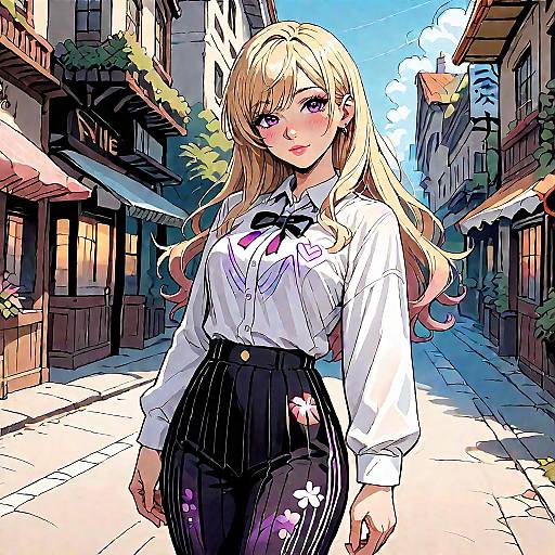 Anime-style digital illustration of a blonde woman with long hair, wearing a white blouse and black pinstriped pants, standing in a sunlit,