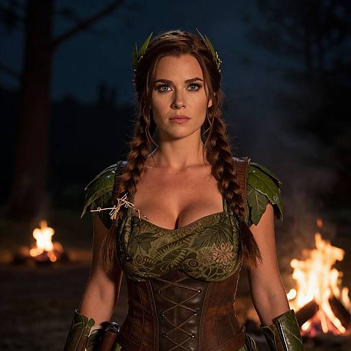 Photograph of a strong, fair-skinned woman with braided brown hair, wearing dark green, armored medieval-style dress, standing in front of glowing