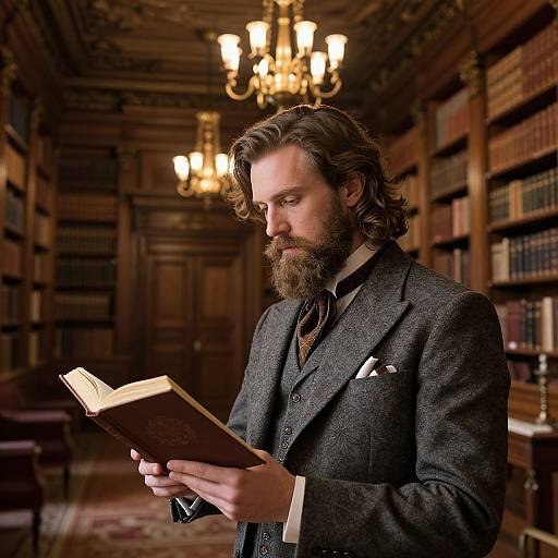 Photograph of a bearded man with wavy brown hair, wearing a gray tweed suit, reading a book in a dimly lit, orn