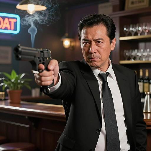 Intense Man with Gun in Dim Bar
