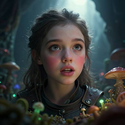 CGI image of a wide-eyed young girl with pink cheeks, in a dark, enchanted forest, surrounded by glowing mushrooms and green lights.