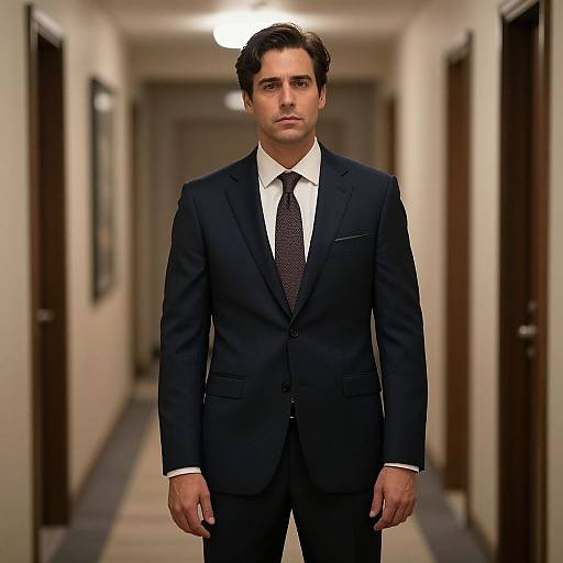 Photograph of a serious-looking man with dark hair in a black suit, white shirt, and patterned tie, standing in a dimly lit,