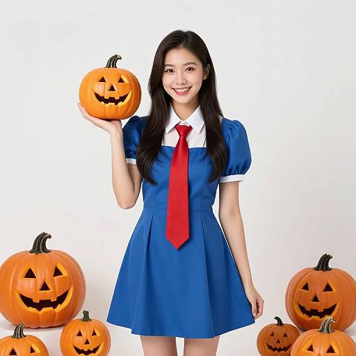 Asian American Halloween Costume with Pumpkins