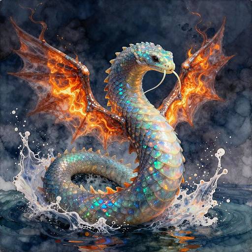 Digital artwork of a colorful, iridescent dragon with fiery orange wings, coiled in water, surrounded by splashing waves against a dark, storm