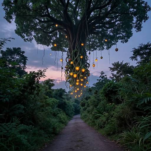 Photograph of a twilight forest path flanked by dense greenery, with hanging orange lanterns from a large tree overhead.