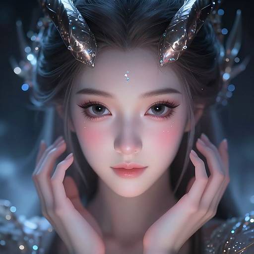 Digital art of a fantasy elf woman with glowing blue eyes, delicate hands, and silver, feather-like horns, glowing in a blue, ethereal background