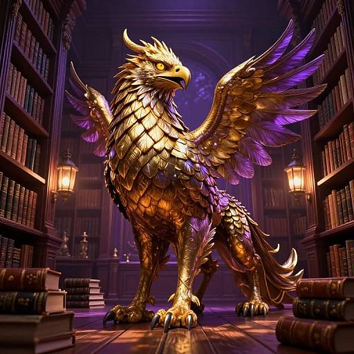 Digital artwork of a golden, winged griffin with purple-tinted feathers standing in a dimly lit, book-filled library, illuminated by warm