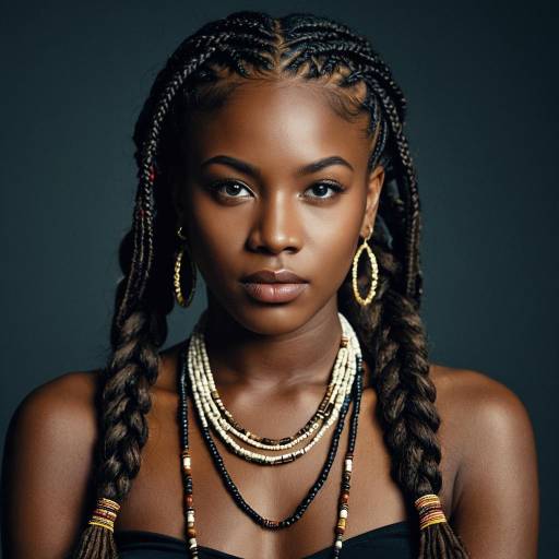 Portrait of Dark-Skinned Woman with African Braids and Jewelry
