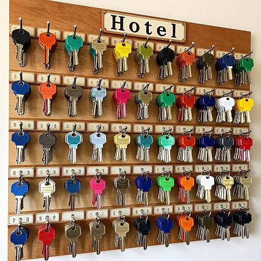 Photograph of a wooden key rack labeled 