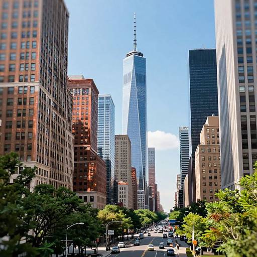Photograph of a bustling urban street with tall, diverse skyscrapers, including the reflective, slender One World Trade Center, under a clear blue sky