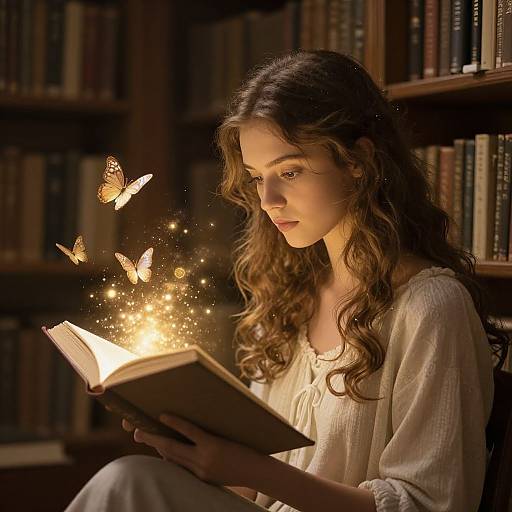 Photograph of a young woman with long, wavy brown hair, wearing a white blouse, reading a glowing book surrounded by enchanted, floating butterflies in