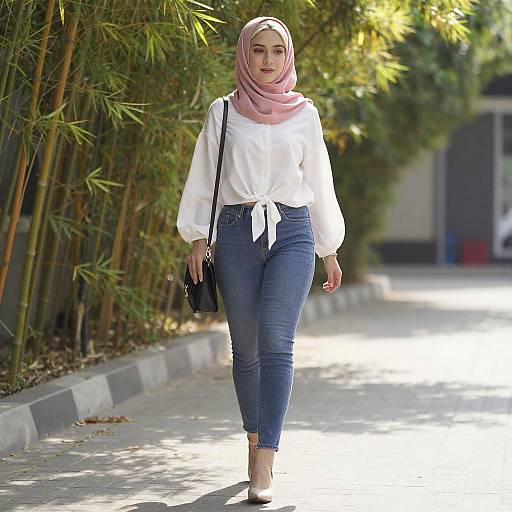 Young Woman in Pink Hijab Walking