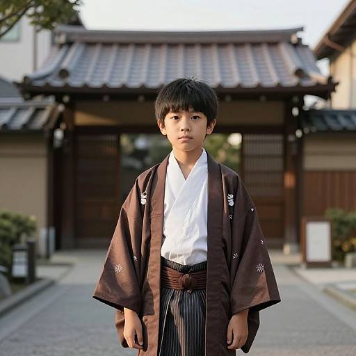Asian Boy in Traditional Kimono at Dawn