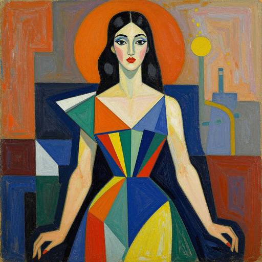 Surrealist painting of a pale-skinned woman with long black hair, red lips, and geometric dress, against an abstract orange and blue background with