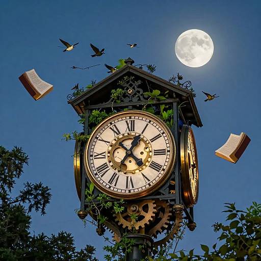 Photograph of a moonlit clock tower with vines, surrounded by flying birds and open books, set against a deep blue night sky.