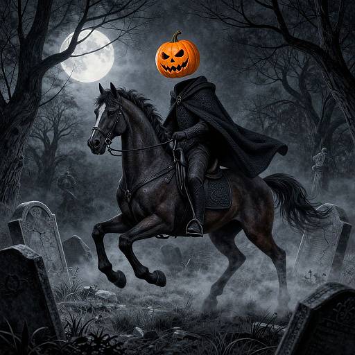 Digital artwork: Dark, moonlit forest with full moon, a black-cloaked rider on a galloping horse, and a glowing jack-o