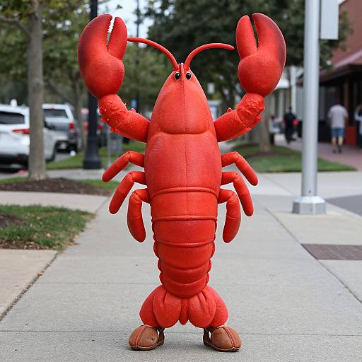Photograph of a bright red, cartoonish lobster costume with large claws, standing on a city sidewalk, wearing brown shoes. Background includes trees, cars