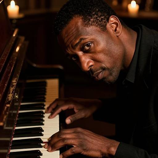 Photograph of a focused, dark-skinned male pianist with short curly hair, wearing a black shirt, playing a vintage piano in dimly lit