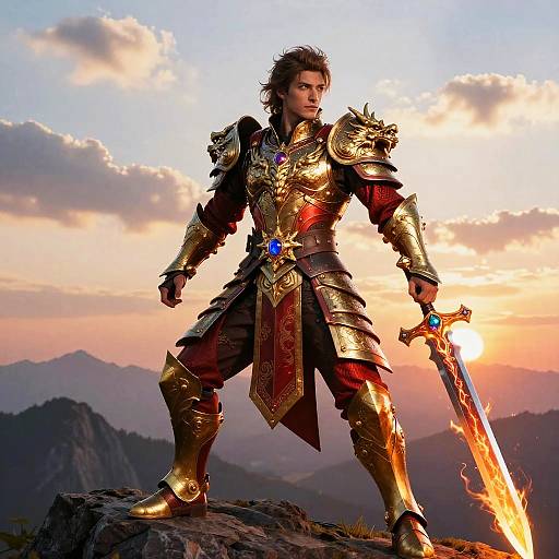 Photorealistic image of a muscular, dark-haired man in gold armor with red accents, holding a flaming sword, standing on a mountain at sunset.